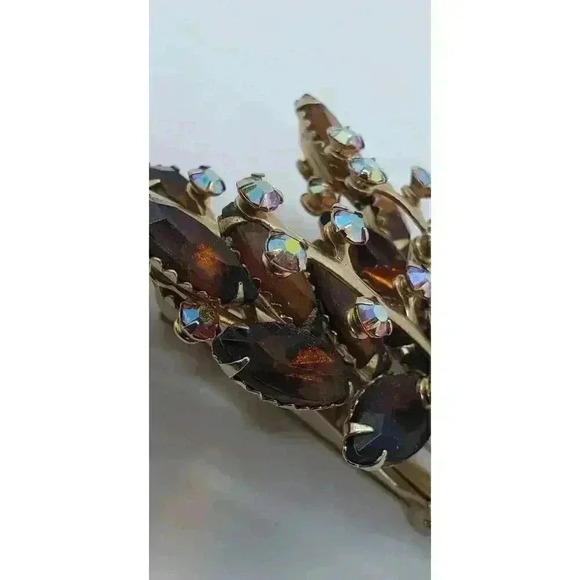 Vintage Brooch Rhinestone Leaf Spray Amber & AB Stones Estate Judy Lee - Picture 4 of 11